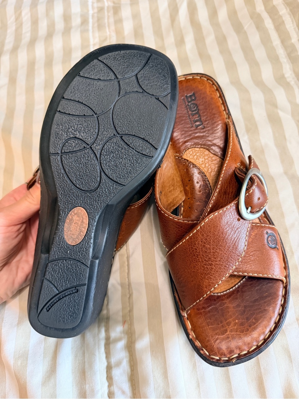 Born Women's Brown Leather Crossover Buckle Sandals - Picture 2 of 3